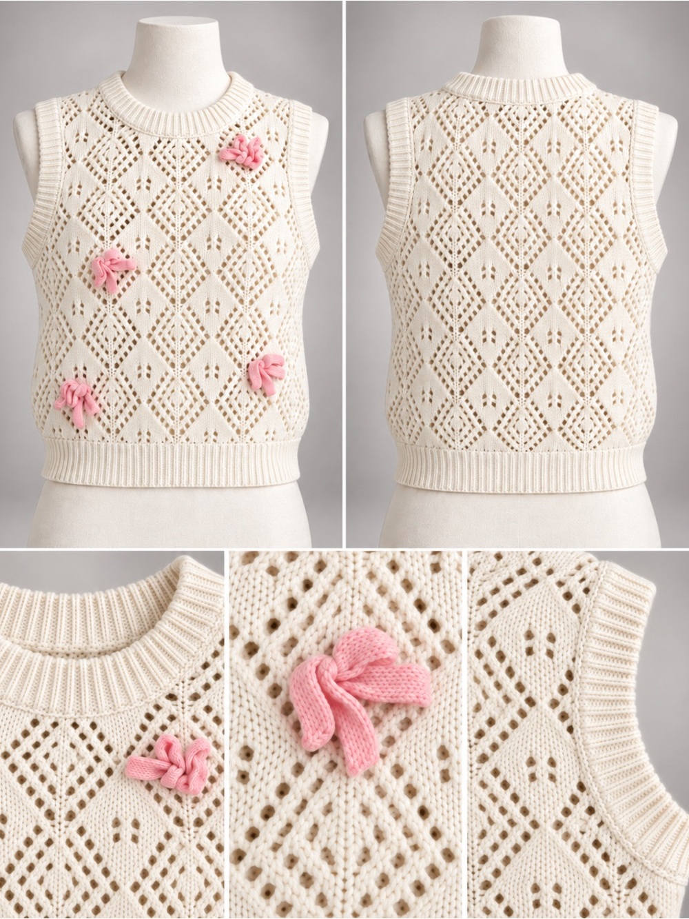 Cream Crochet Diamond Knit Sleeveless Sweater Vest with Pink Flower Accents XS S
